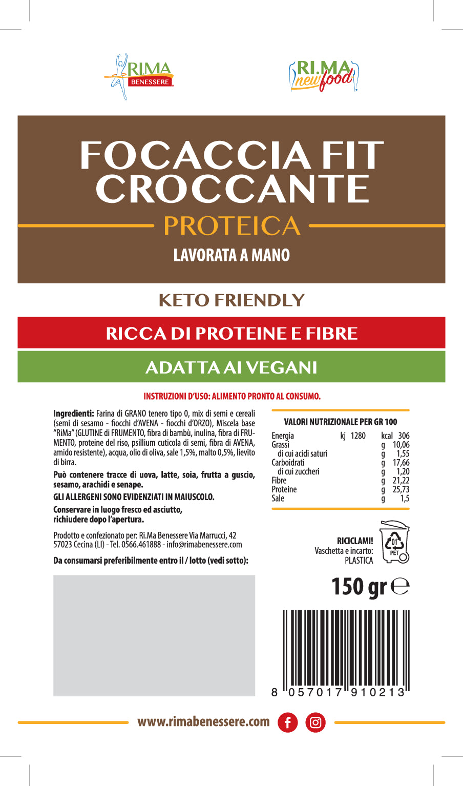 Focaccia Croccante Fit Proteica Rima Benessere 150gr gusto classico